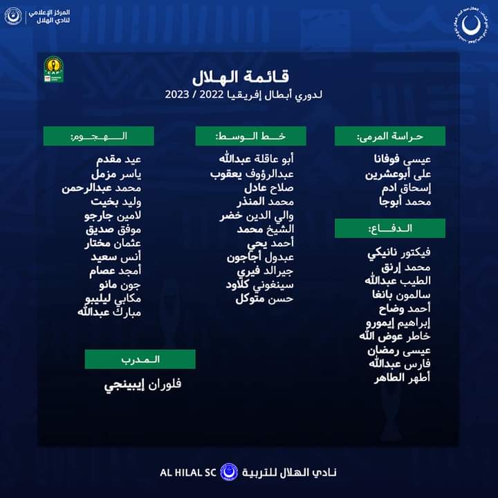 الهلال يعلن قائمة لاعبيه للبطولة الأفريقية